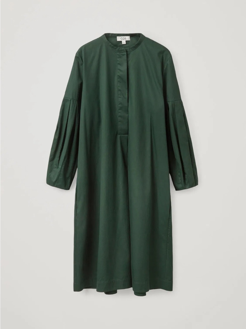 COS Dark Green Cotton Pleated Shirt Dress Midi Long Sleeve Size 6